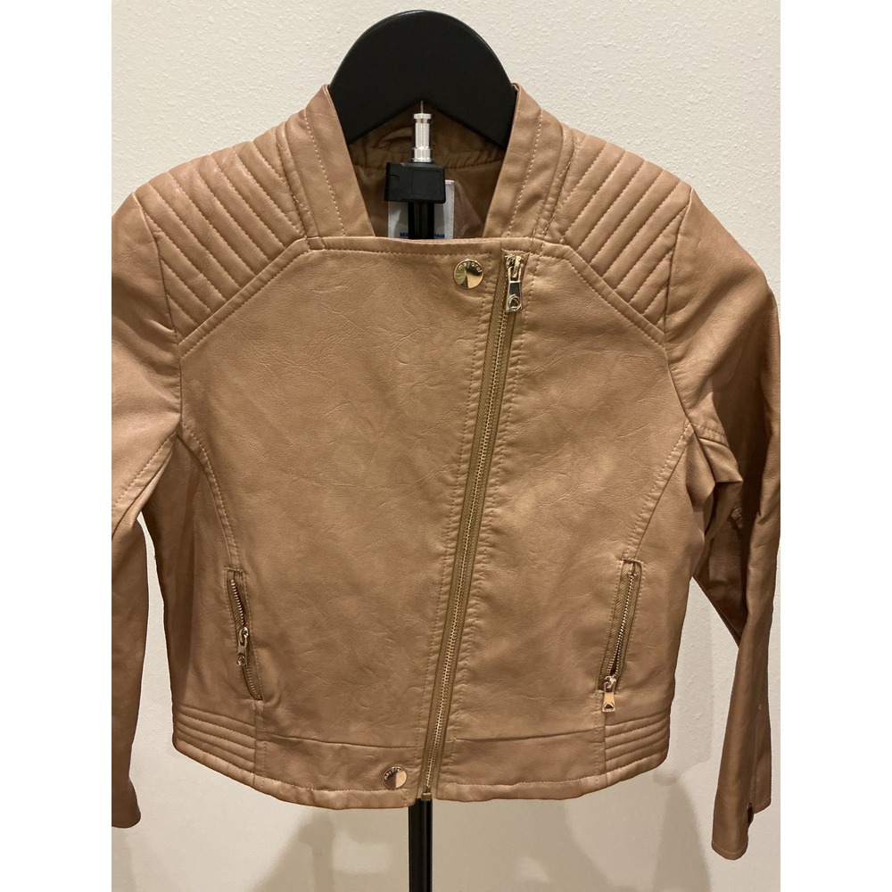 Mayoral Kids Tan Faux Leather Moto Biker Jacket Size 10 Quilted Shoulder Zip - Picture 3 of 6